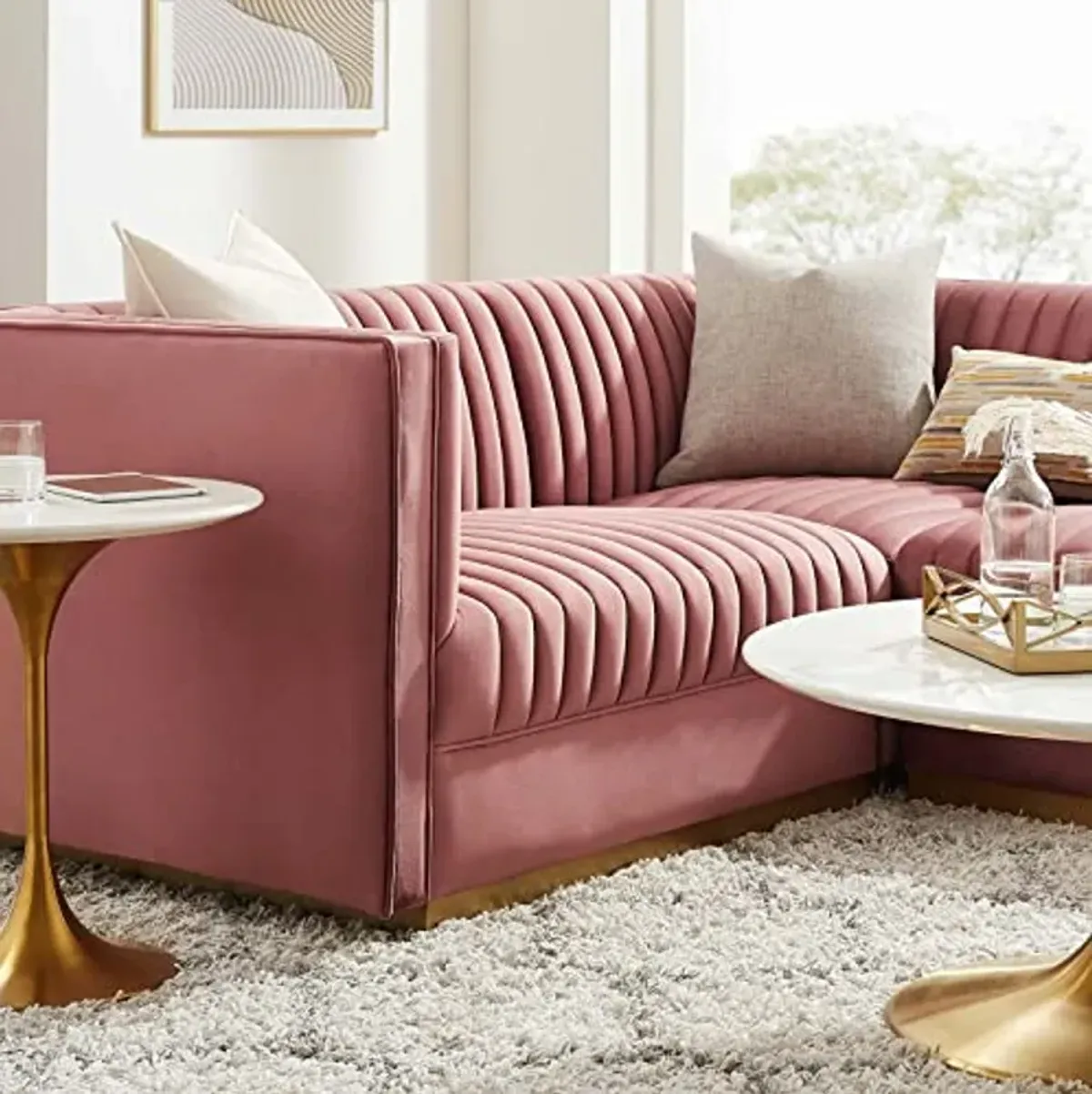 Modway Sanguine Channel Tufted Performance Velvet Modular Sectional, 4-Piece Left-Facing Sofa, Dusty Rose