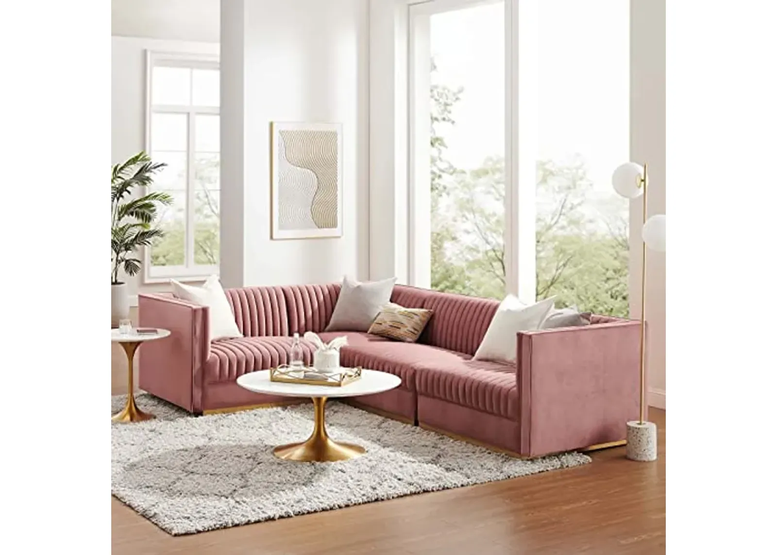 Modway Sanguine Channel Tufted Performance Velvet Modular Sectional, 4-Piece Left-Facing Sofa, Dusty Rose