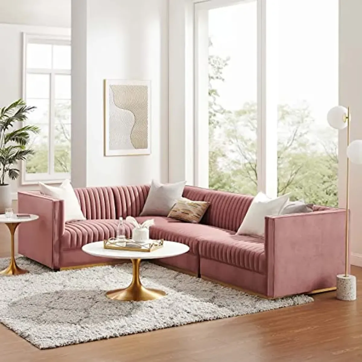 Modway Sanguine Channel Tufted Performance Velvet Modular Sectional, 4-Piece Left-Facing Sofa, Dusty Rose