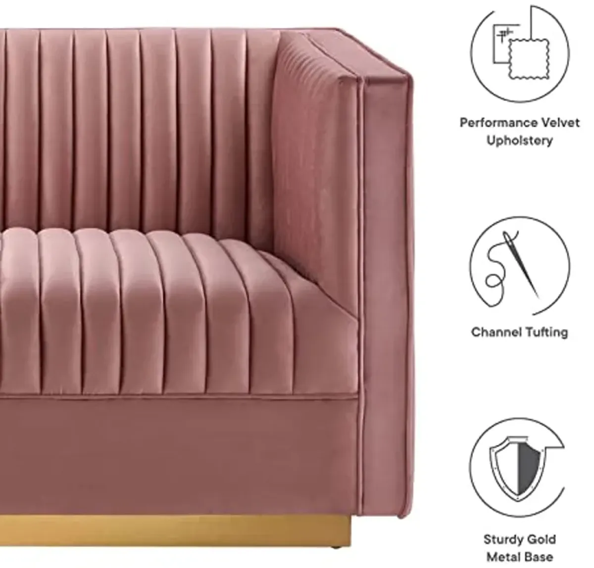 Modway Chair Sanguine Vertical Channel Tufted Upholstered Performance Velvet Sofa and Armchair Set, Loveseat, Dusty Rose