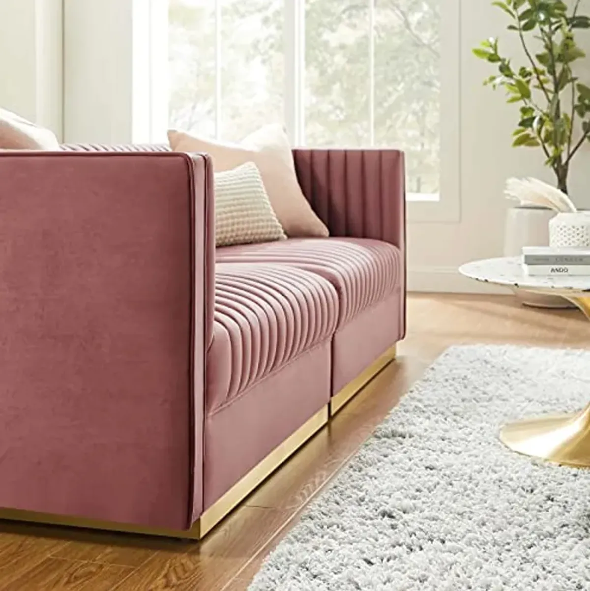 Modway Chair Sanguine Vertical Channel Tufted Upholstered Performance Velvet Sofa and Armchair Set, Loveseat, Dusty Rose