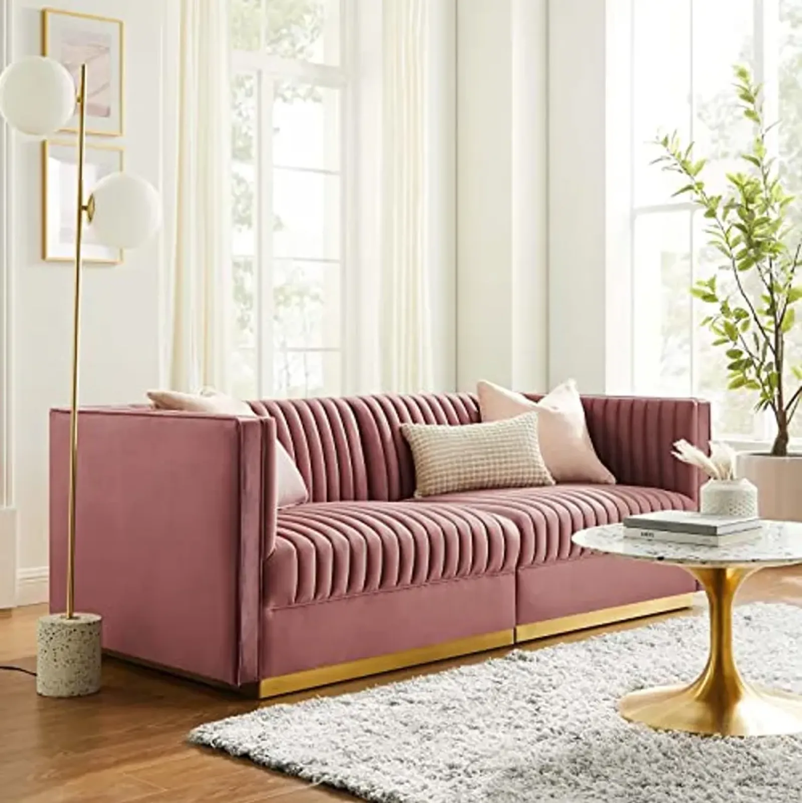 Modway Chair Sanguine Vertical Channel Tufted Upholstered Performance Velvet Sofa and Armchair Set, Loveseat, Dusty Rose