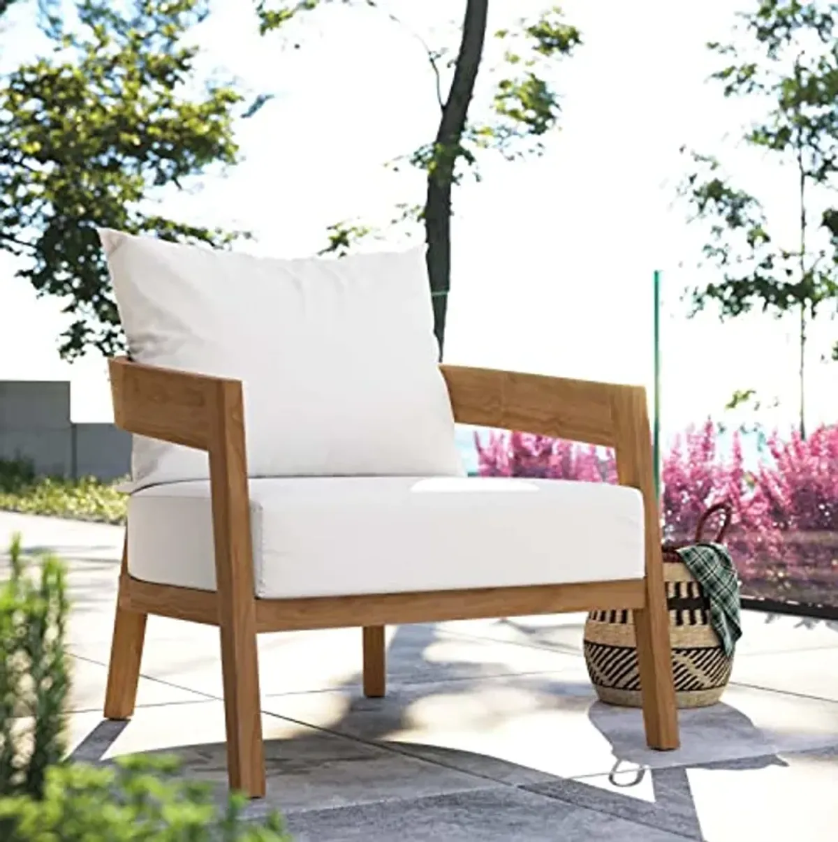 Modway Brisbane Modern Fabric/Teak Wood Outdoor Armchair in White/Natural