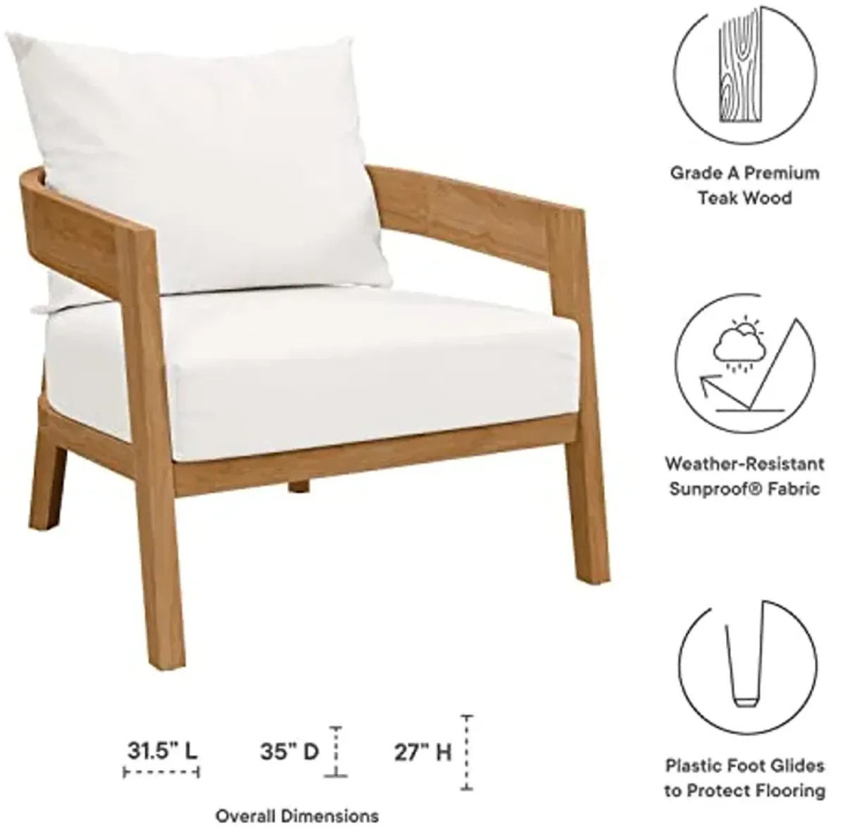 Modway Brisbane Modern Fabric/Teak Wood Outdoor Armchair in White/Natural