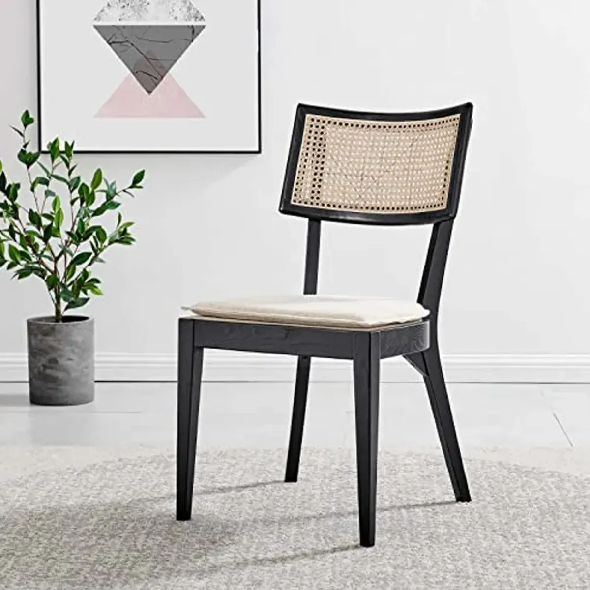 Modway Caledonia Rattan Elm Wood Fabric Dining Chairs in Black/Beige (Set of 2)