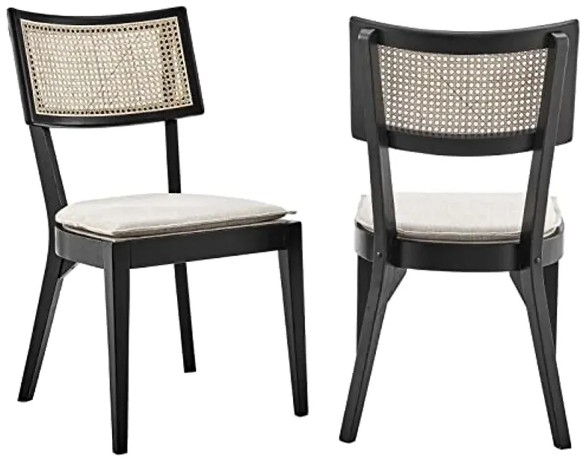 Modway Caledonia Rattan Elm Wood Fabric Dining Chairs in Black/Beige (Set of 2)