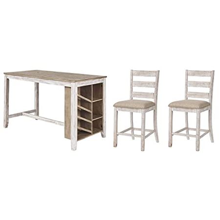 Signature Design by Ashley Skempton Farmhouse 36" Counter Height Dining Table with Storage & Wine Rack, Whitewash & Skempton 24" Counter Height Upholstered Barstool, Set of 2, Antique White