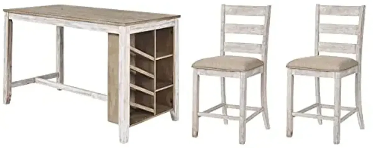 Signature Design by Ashley Skempton Farmhouse 36" Counter Height Dining Table with Storage & Wine Rack, Whitewash & Skempton 24" Counter Height Upholstered Barstool, Set of 2, Antique White