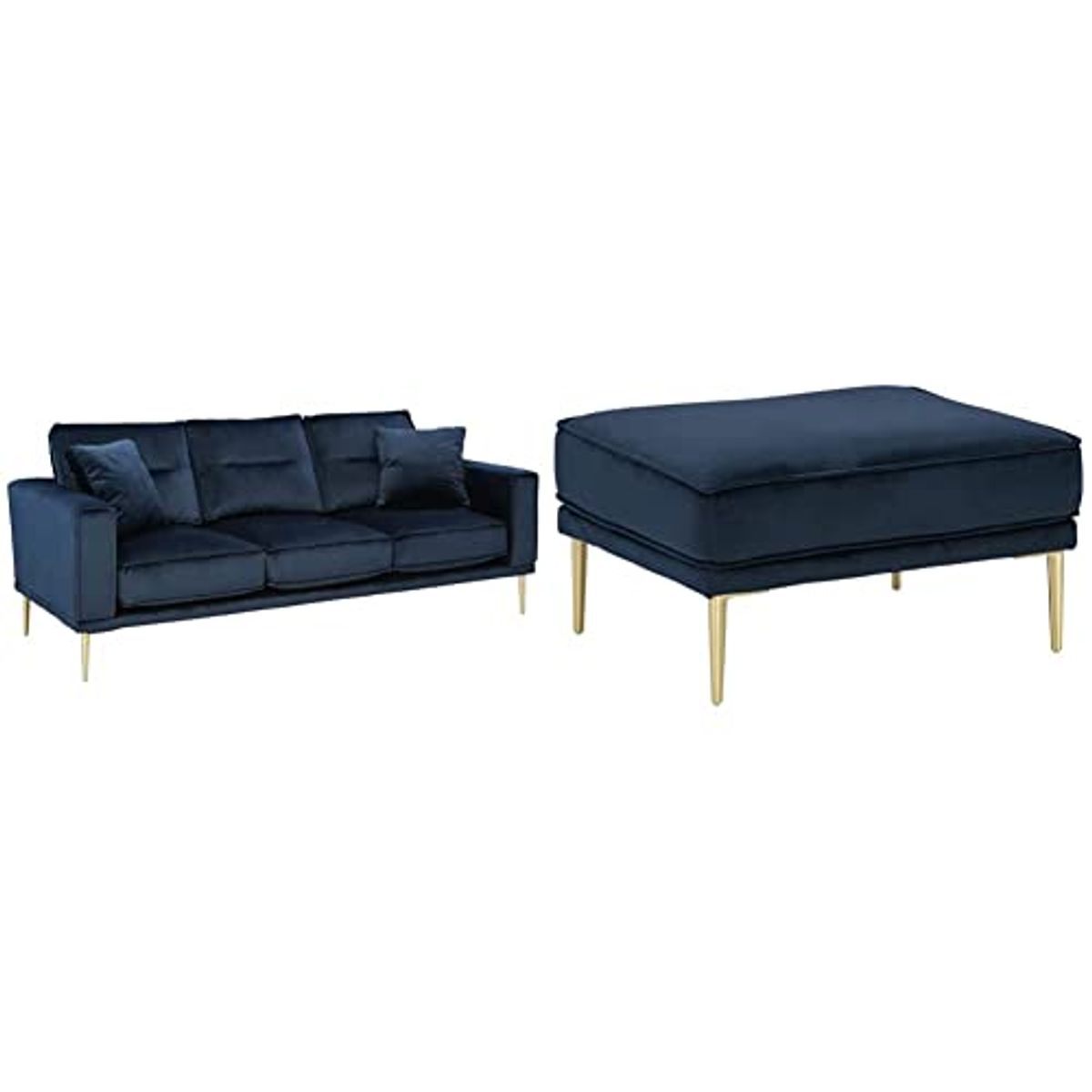 Signature Design by Ashley Macleary Modern Velvet Sofa with Gold Metal Legs, Navy Blue & Macleary Modern Velvet Glam Ottoman with Gold Metal Legs, Navy Blue