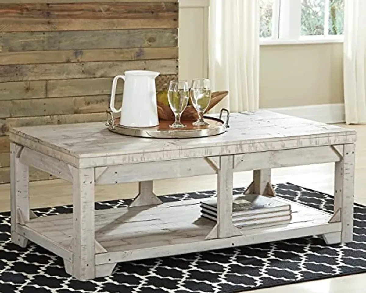 Signature Ashley Farmhouse Lift Top Coffee Table and End Table Set | Whitewash Weathered Finish