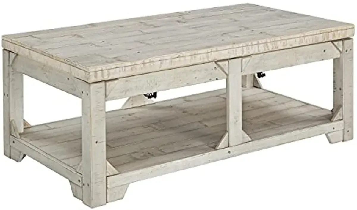 Signature Ashley Farmhouse Lift Top Coffee Table and End Table Set | Whitewash Weathered Finish