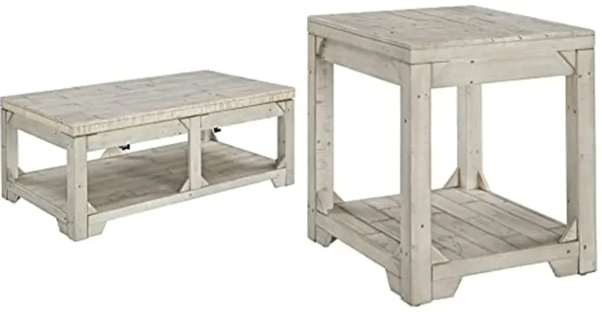 Signature Ashley Farmhouse Lift Top Coffee Table and End Table Set | Whitewash Weathered Finish