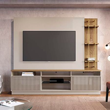 Manhattan Comfort Pomander 85.27" Free Entertainment Center with Décor Shelves, Modern Floating TV Stand for The Living Room and Bedroom, 85.27 inches, Off White