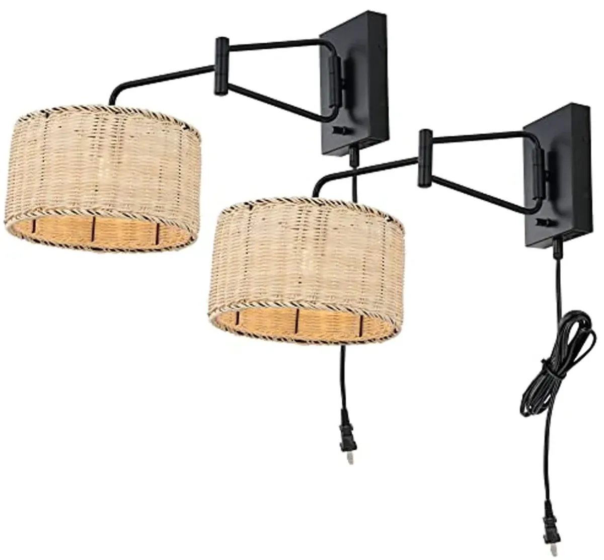 SAFAVIEH Lighting Collection Bramley Boho Coastal Natural Rattan/Black USB Port Wall Sconce Set of 2