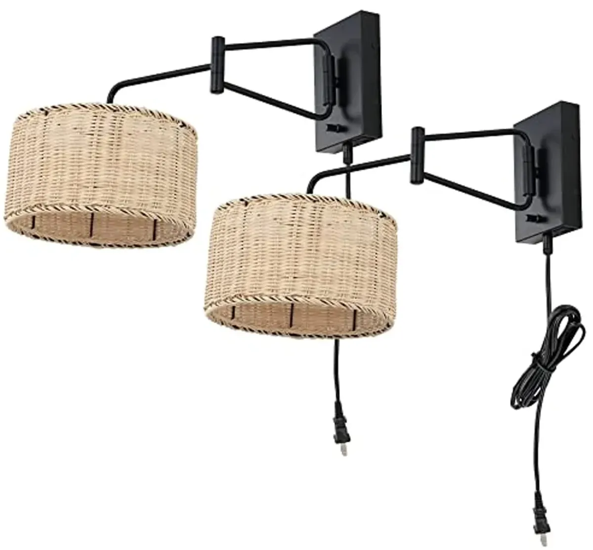 SAFAVIEH Lighting Collection Bramley Boho Coastal Natural Rattan/Black USB Port Wall Sconce Set of 2