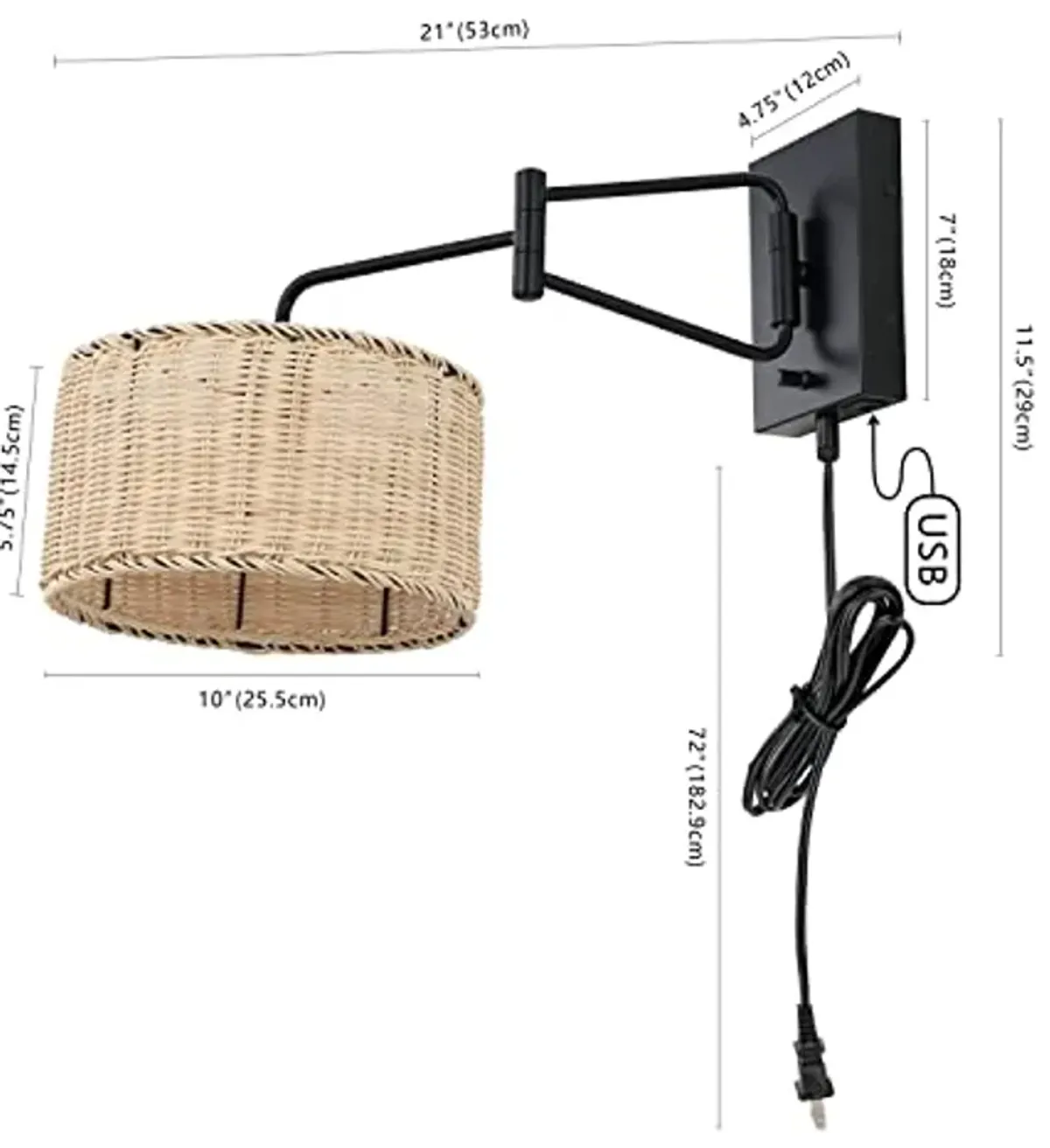 SAFAVIEH Lighting Collection Bramley Boho Coastal Natural Rattan/Black USB Port Wall Sconce Set of 2