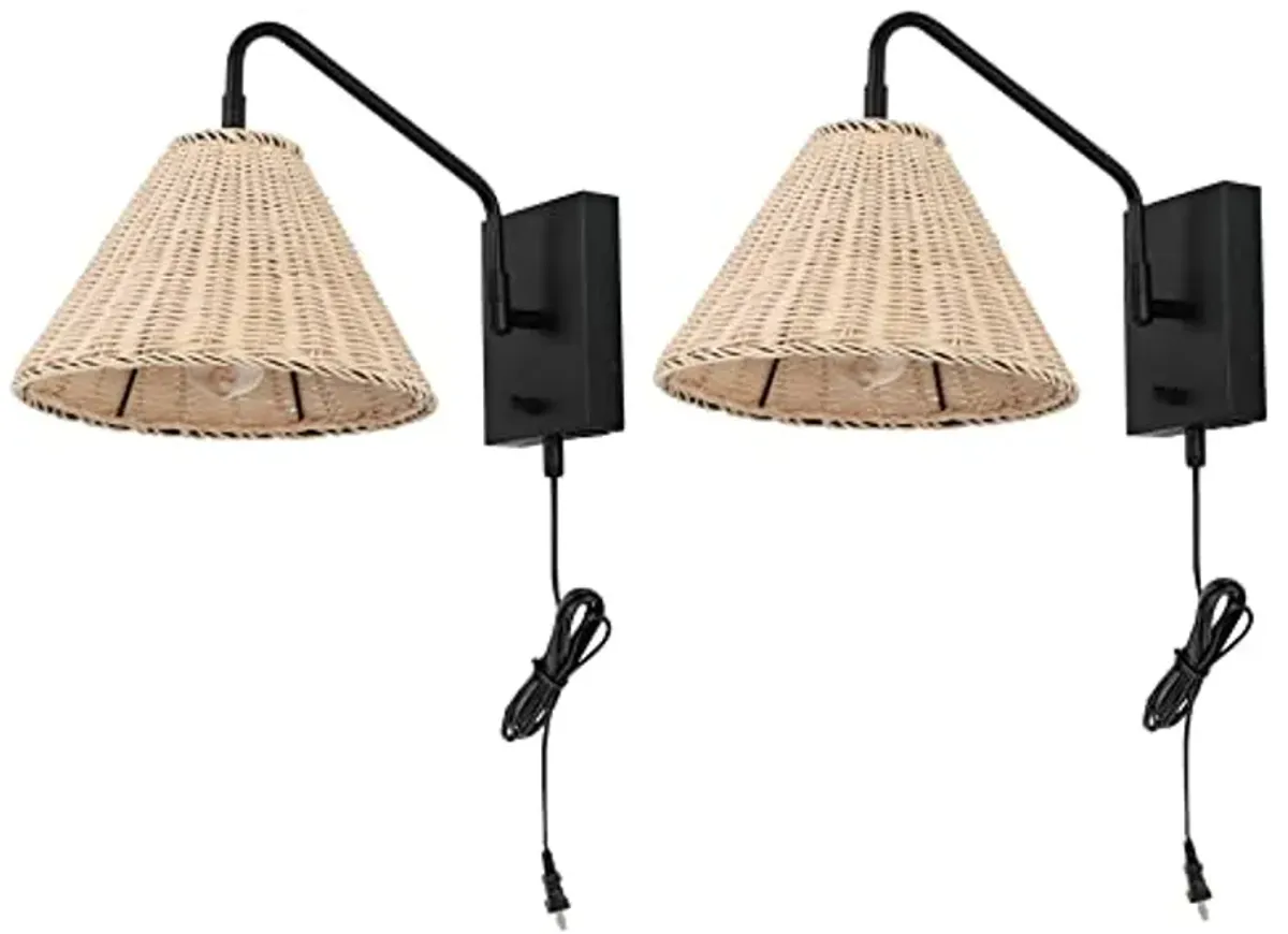 SAFAVIEH Lighting Collection Tressa Boho Coastal Natural Rattan/Black USB Port Wall Sconce Set of 2