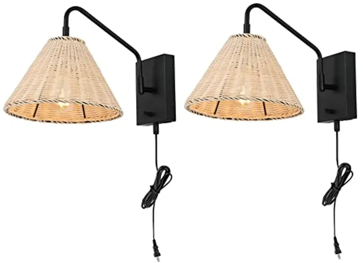 SAFAVIEH Lighting Collection Tressa Boho Coastal Natural Rattan/Black USB Port Wall Sconce Set of 2