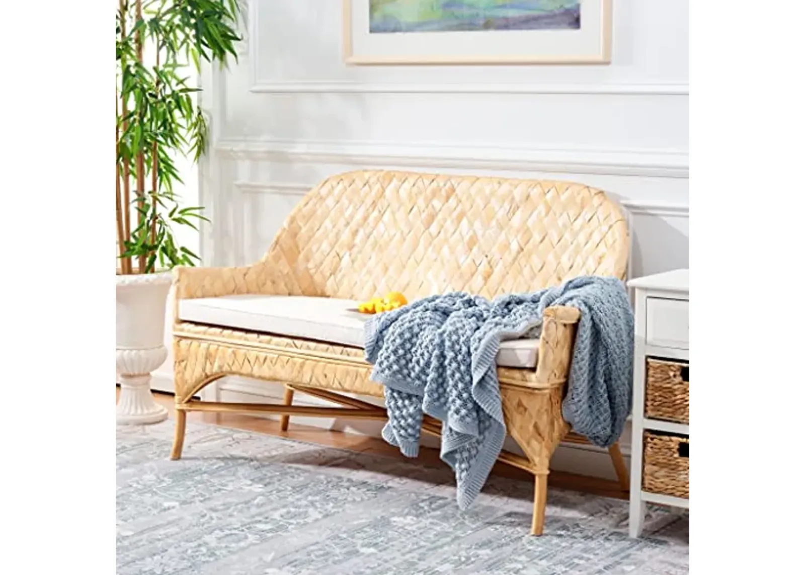 SAFAVIEH Home Collection Chorus Coastal Natural/White Cushion Woven Sofa (Fully Assembled) Bench