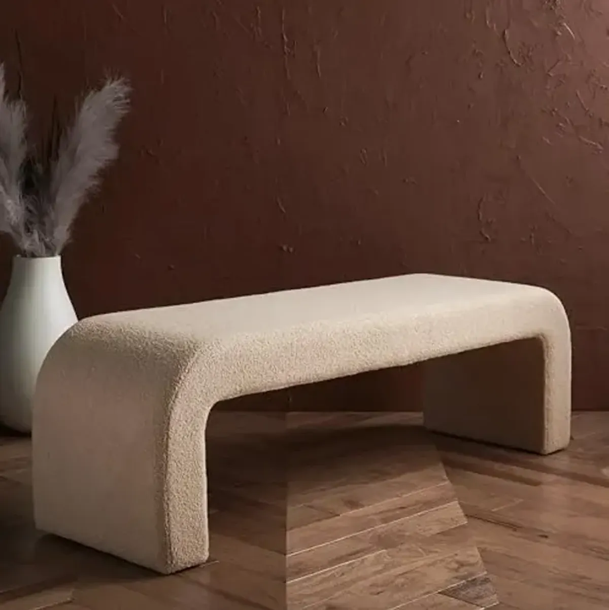 SAFAVIEH Couture Collection Caralynn Mid-Century Modern Tan Faux Lamb's Wool Bench (Fully Assembled)