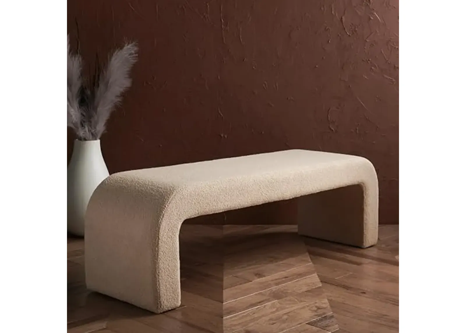 SAFAVIEH Couture Collection Caralynn Mid-Century Modern Tan Faux Lamb's Wool (Fully Assembled) Bench