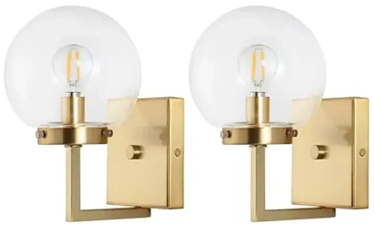 SAFAVIEH Lighting Collection Ganon Contemporary Brass/Clear Orb Wall Sconce Set of 2