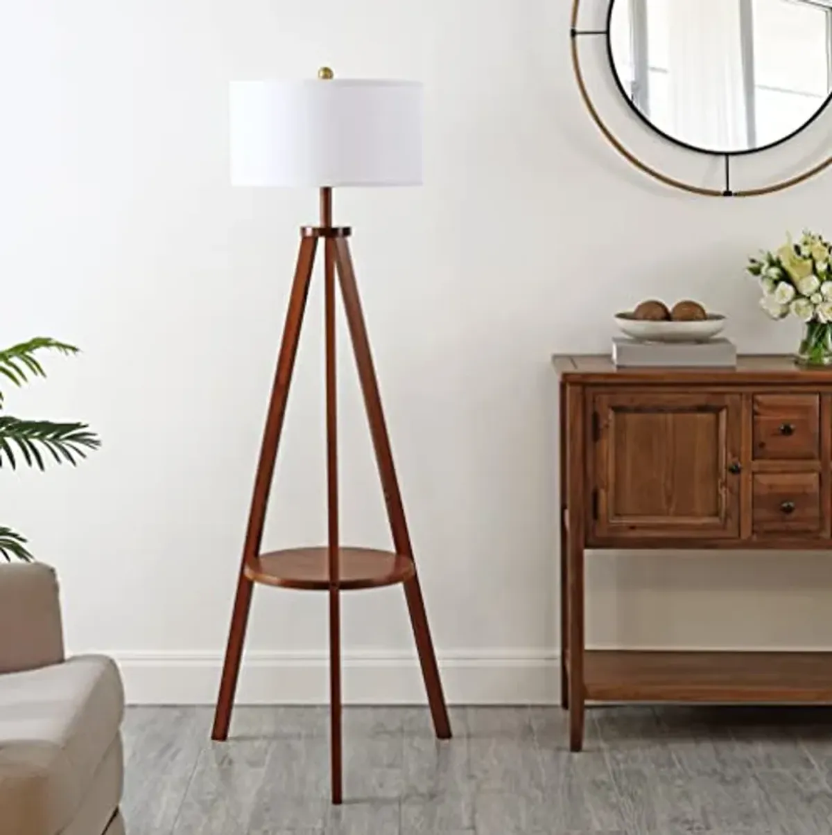 Safavieh Lighting Collection Faris Mid-Century Modern Natural 68-inch 1-Shelf Tripod Floor Lamp