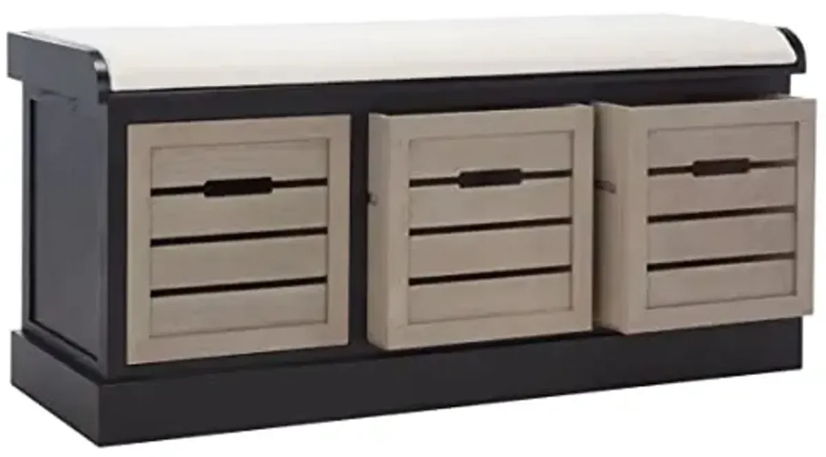 SAFAVIEH Home Collection – Briar 3-Drawer Upholstered Storage Bench, Farmhouse Entryway Accent Bench with Cushion Top, Black Frame & Greige Drawer Fronts (BCH5700E)