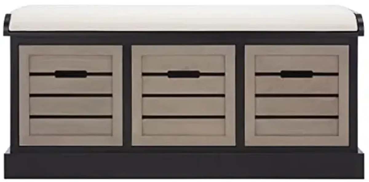 SAFAVIEH Home Collection – Briar 3-Drawer Upholstered Storage Bench, Farmhouse Entryway Accent Bench with Cushion Top, Black Frame & Greige Drawer Fronts (BCH5700E)
