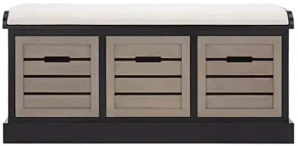 SAFAVIEH Home Collection – Briar 3-Drawer Upholstered Storage Bench, Farmhouse Entryway Accent Bench with Cushion Top, Black Frame & Greige Drawer Fronts (BCH5700E)