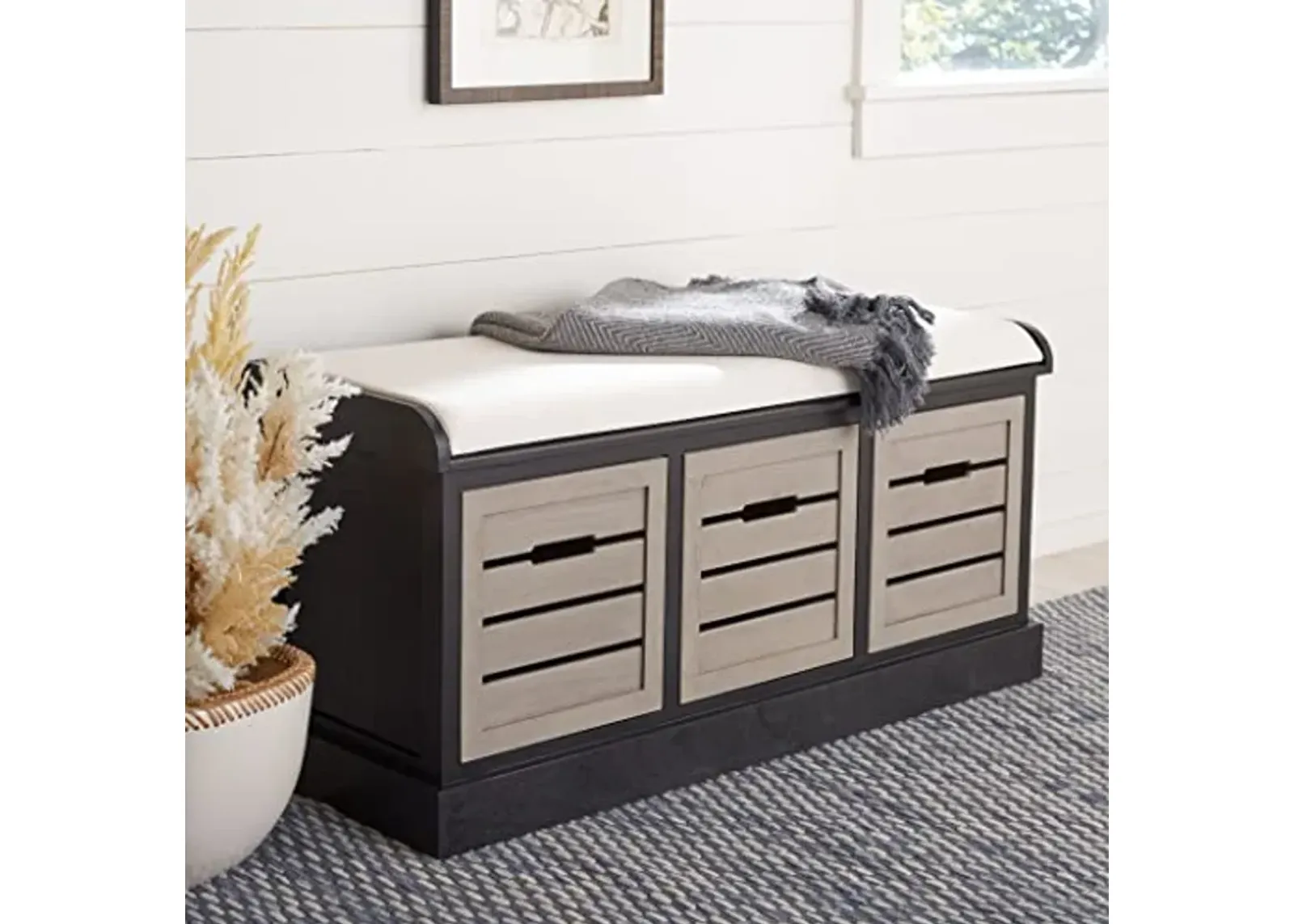 SAFAVIEH Home Collection Briar Farmhouse Black/Greige 3-Drawer Cushion Storage Bench (Fully Assembled)