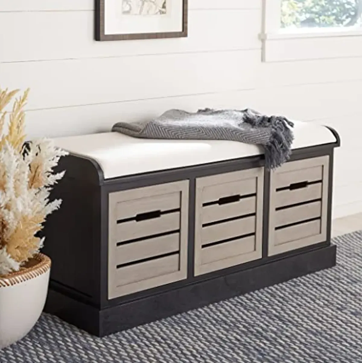 SAFAVIEH Home Collection Briar Farmhouse Black/Greige 3-Drawer Cushion Storage Bench (Fully Assembled)