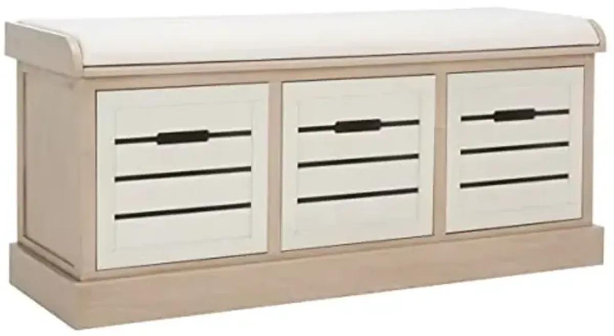 SAFAVIEH Home Collection Briar Farmhouse Sand/Distressed White 3-Drawer Cushion Storage Bench (Fully Assembled)