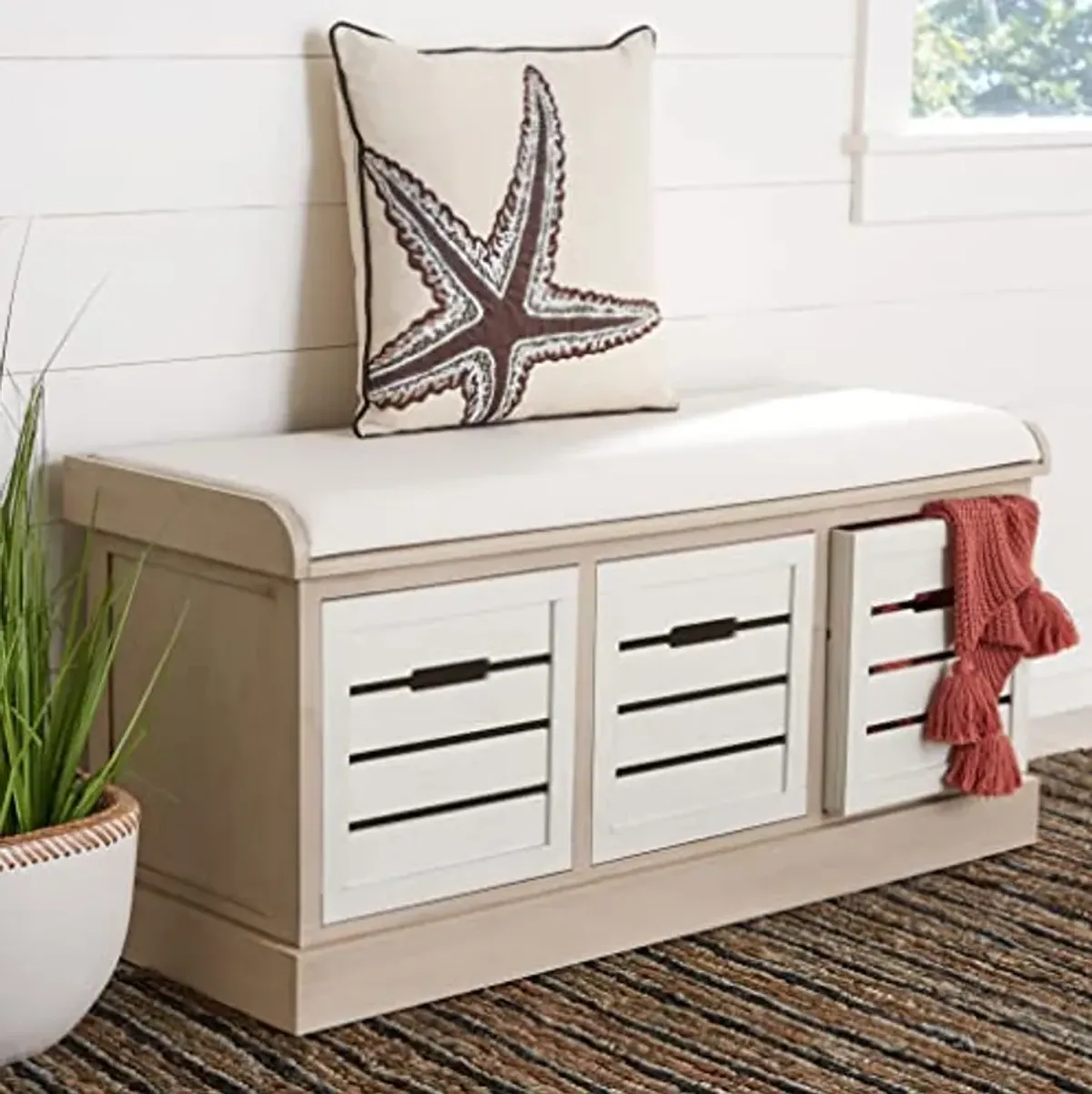 SAFAVIEH Home Collection Briar Farmhouse Sand/Distressed White 3-Drawer Cushion Storage (Fully Assembled) Bench