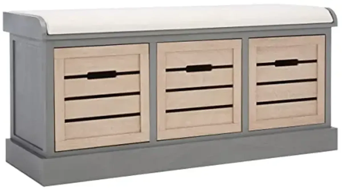 SAFAVIEH Home Collection – Briar 3-Drawer Upholstered Storage Bench, Farmhouse Entryway Accent Bench with Cushion Top, Distressed Grey Frame & Sand Drawer Fronts (BCH5700C)