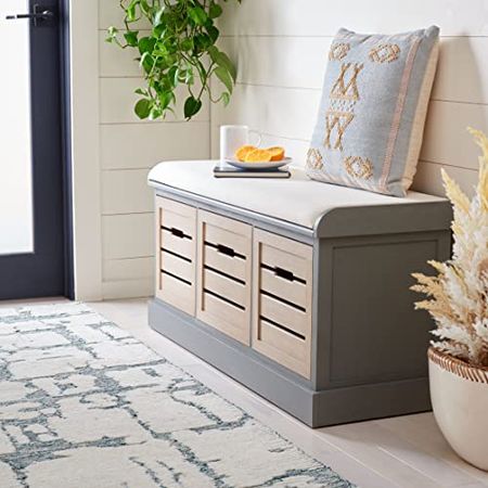 Safavieh Home Collection Briar Farmhouse Distressed Grey/Sand 3-Drawer Cushion Storage (Fully Assembled) Bench