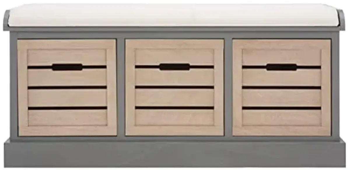 SAFAVIEH Home Collection – Briar 3-Drawer Upholstered Storage Bench, Farmhouse Entryway Accent Bench with Cushion Top, Distressed Grey Frame & Sand Drawer Fronts (BCH5700C)