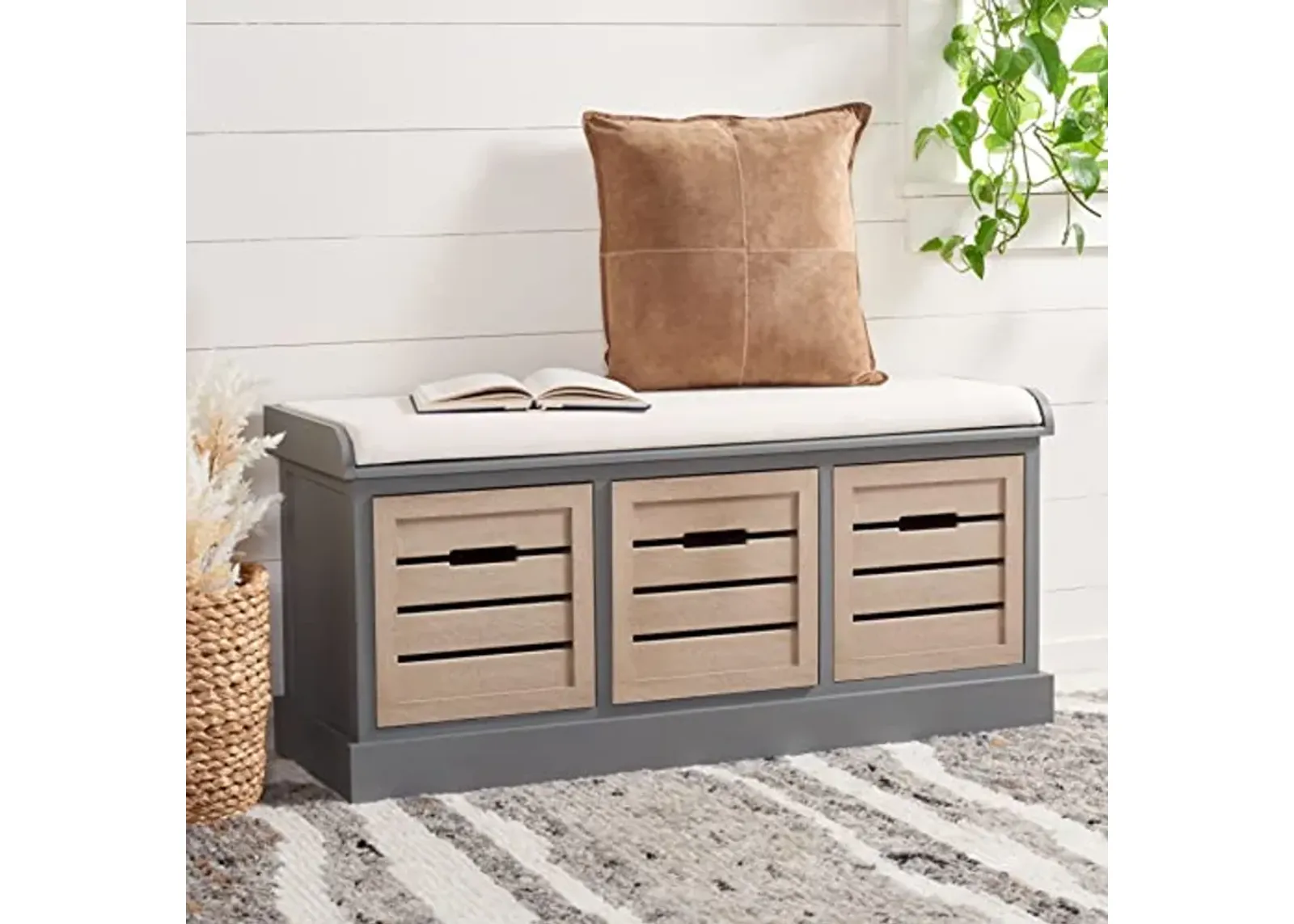 SAFAVIEH Home Collection Briar Farmhouse Distressed Grey/Sand 3-Drawer Cushion Storage Bench (Fully Assembled)