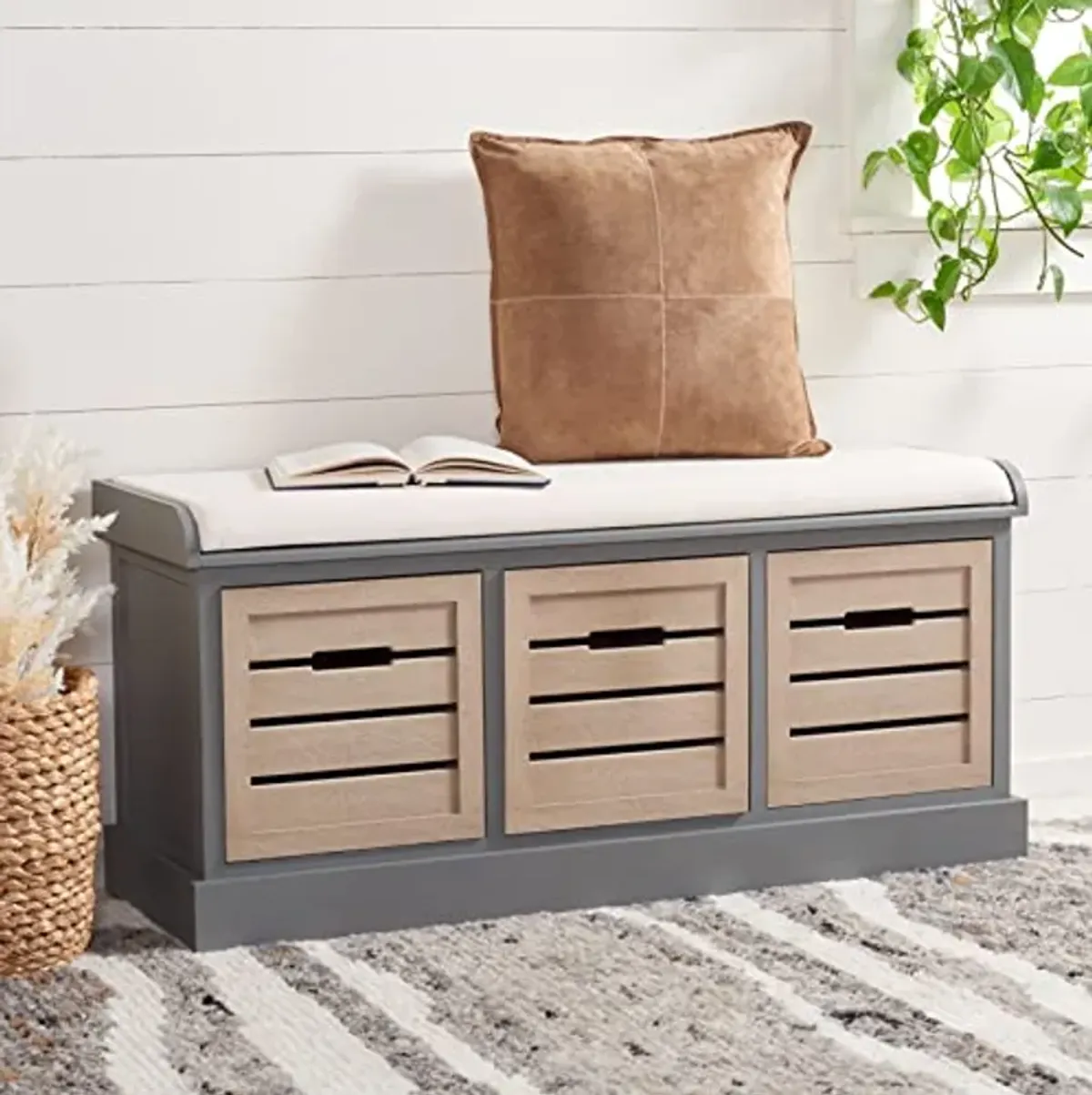 SAFAVIEH Home Collection Briar Farmhouse Distressed Grey/Sand 3-Drawer Cushion Storage Bench (Fully Assembled)