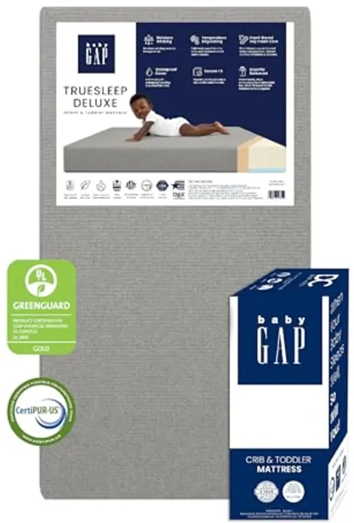 GAP babyGap TrueSleep 2-Stage Deluxe Crib and Toddler Mattress - Waterproof - GREENGUARD Gold Certified – Temperature Regulating – Moisture Wicking