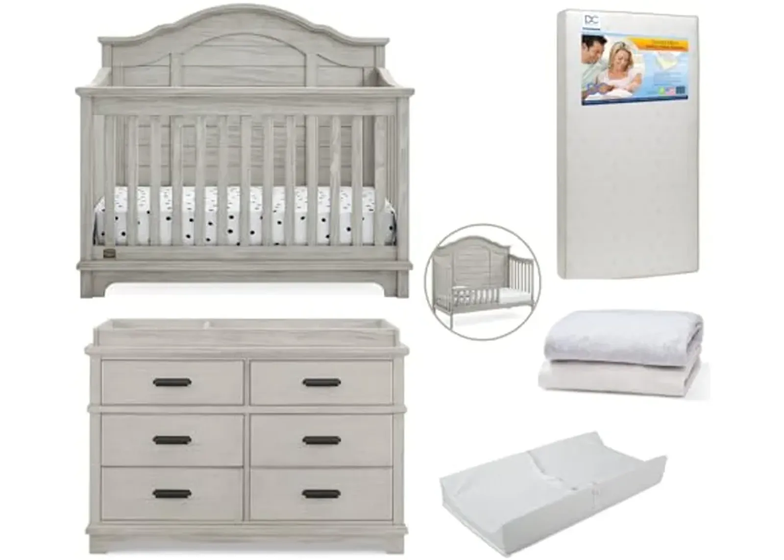 Delta Children Asher Crib 7-Piece Baby Nursery Furniture Set–Includes: Convertible Crib, Dresser, Changing Top, Crib Mattress, Sheets, Toddler Guardrail & Changing Pad, Rustic Mist