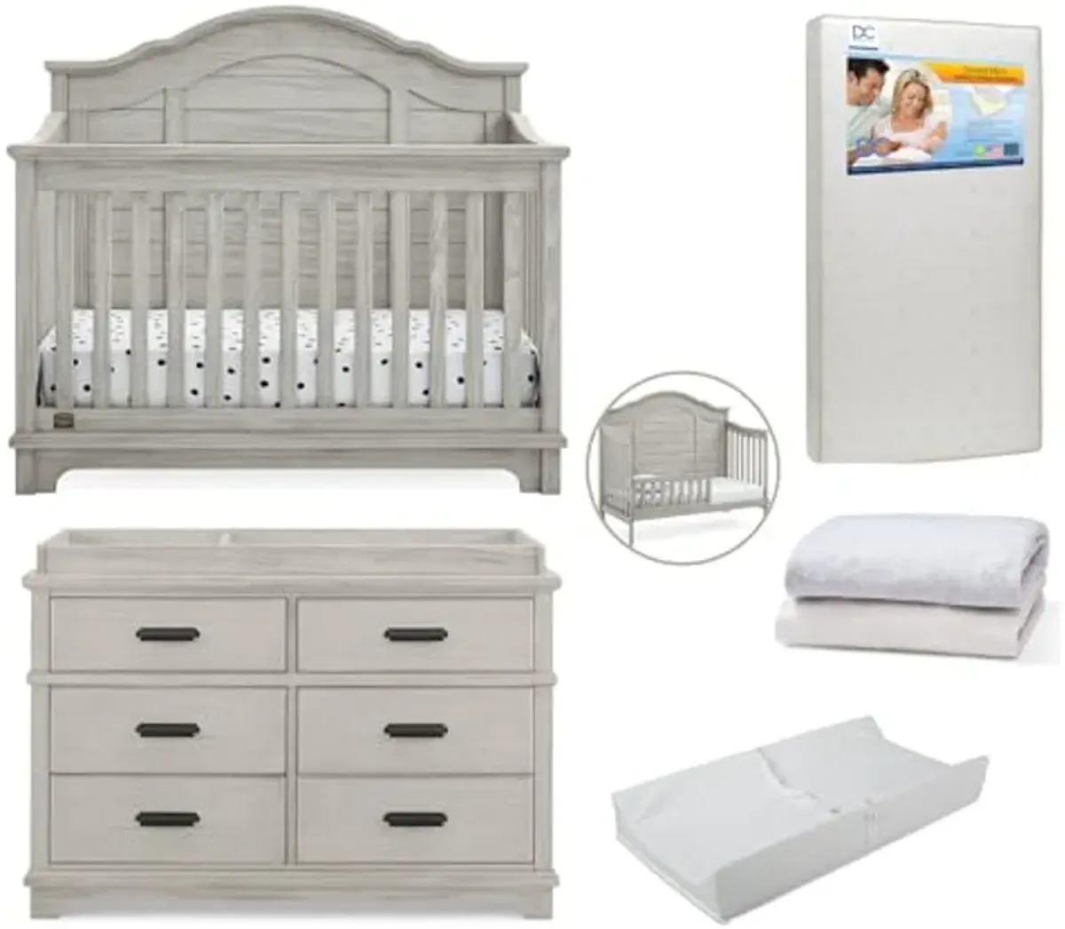 Delta Children Asher Crib 7-Piece Baby Nursery Furniture Set–Includes: Convertible Crib, Dresser, Changing Top, Crib Mattress, Sheets, Toddler Guardrail & Changing Pad, Rustic Mist