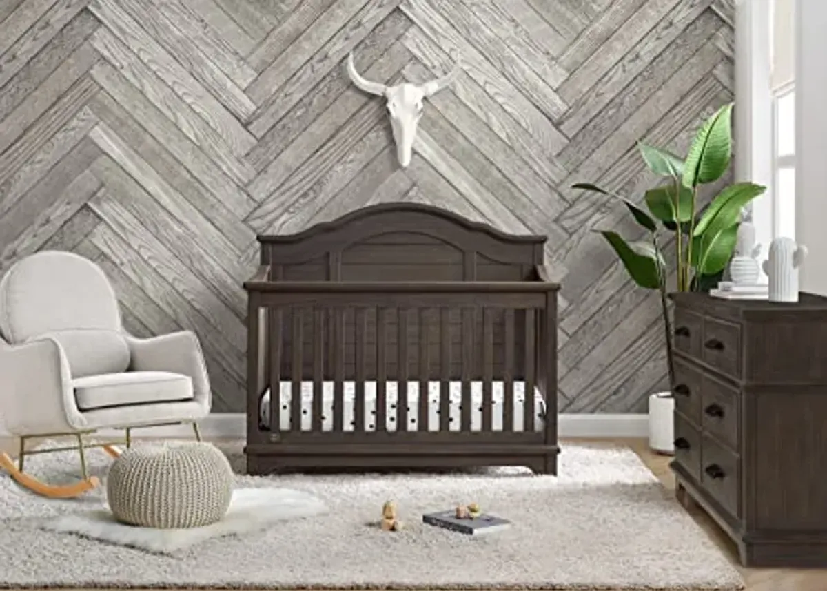 Delta Children Asher Crib 7-Piece Baby Nursery Furniture Set–Includes: Convertible Crib, Dresser, Changing Top, Crib Mattress, Sheets, Toddler Guardrail & Changing Pad, Rustic Grey
