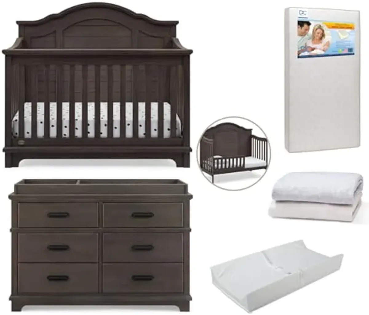 Delta Children Asher Crib 7-Piece Baby Nursery Furniture Set–Includes: Convertible Crib, Dresser, Changing Top, Crib Mattress, Sheets, Toddler Guardrail & Changing Pad, Rustic Grey