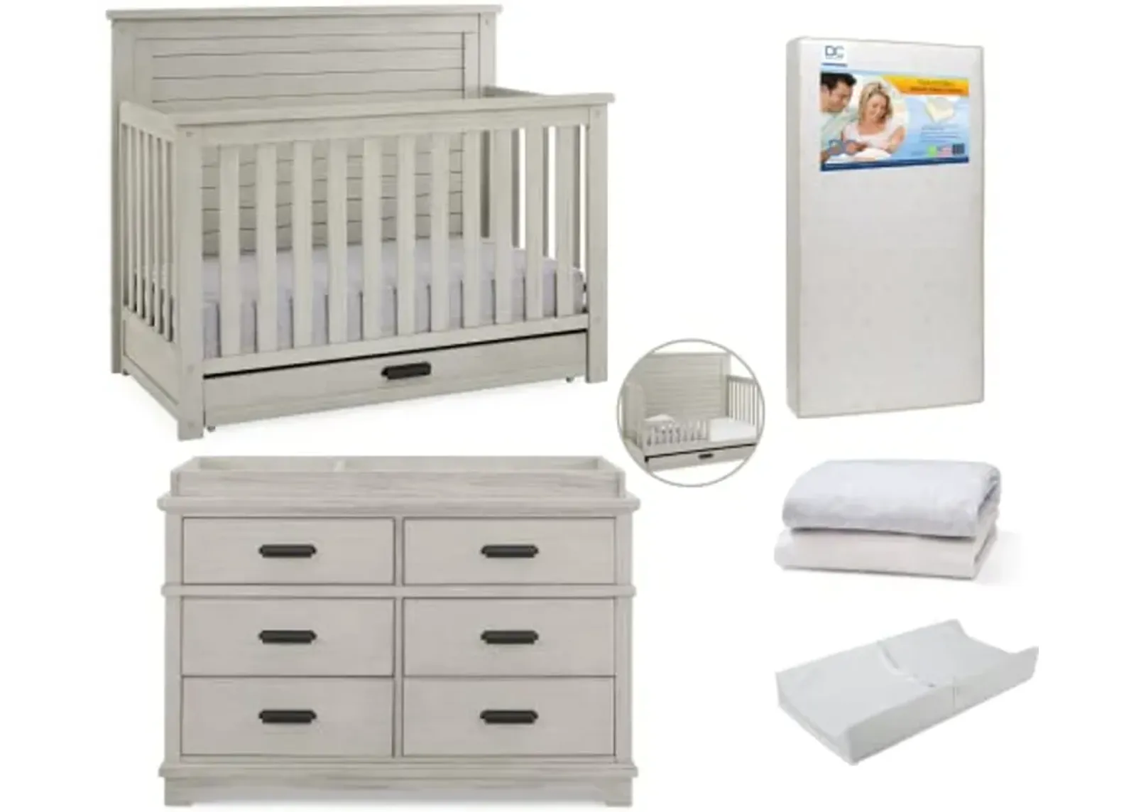 Delta Children Caden Crib 7-Piece Baby Nursery Furniture Set–Includes: Convertible Crib, Dresser, Changing Top, Crib Mattress, Sheets, Toddler Guardrail & Changing Pad, Rustic Mist