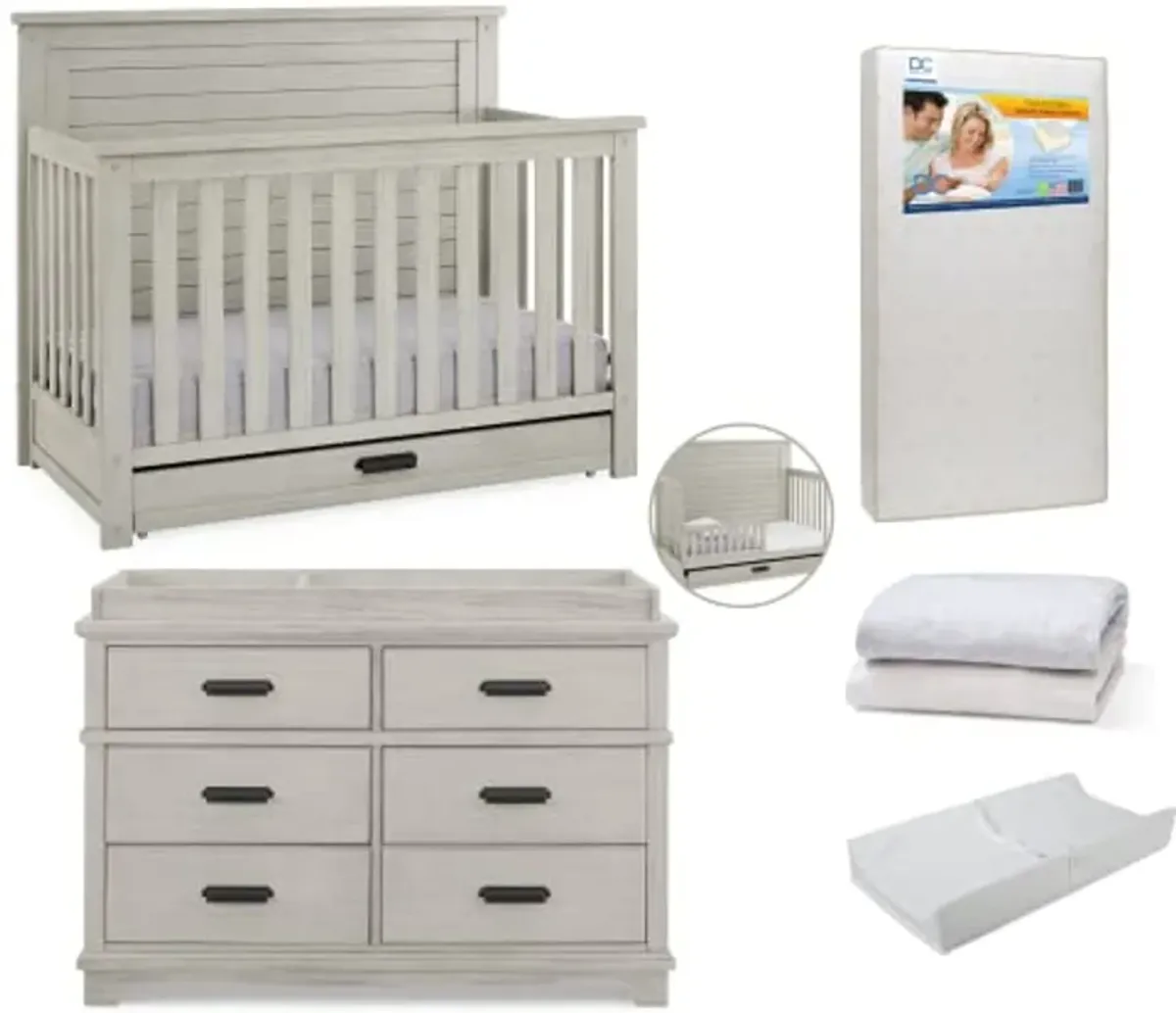 Delta Children Caden Crib 7-Piece Baby Nursery Furniture Set–Includes: Convertible Crib, Dresser, Changing Top, Crib Mattress, Sheets, Toddler Guardrail & Changing Pad, Rustic Mist