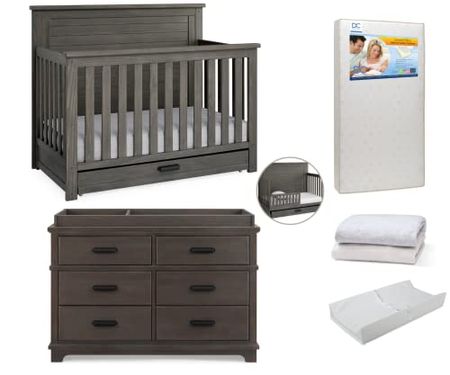 Delta Children Caden Crib 8-Piece Baby Nursery Furniture Set–Includes: Convertible Crib, Glider, Dresser, Changing Top, Crib Mattress, Sheets, Toddler Guardrail & Changing Pad, Rustic Grey