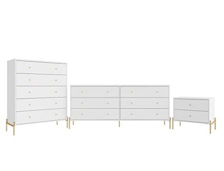 Manhattan Comfort Jasper Set of 3 Nightstand, Tall and Double Wide Dresser for Bedroom, Modern Style Full Extension Chest of Drawers for Closet or Living Room, White