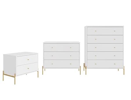 Manhattan Comfort Jasper Set of 3 Nightstand, Tall and Classic Dresser for Bedroom, Modern Style Full Extension Chest of Drawers for Closet or Living Room, White