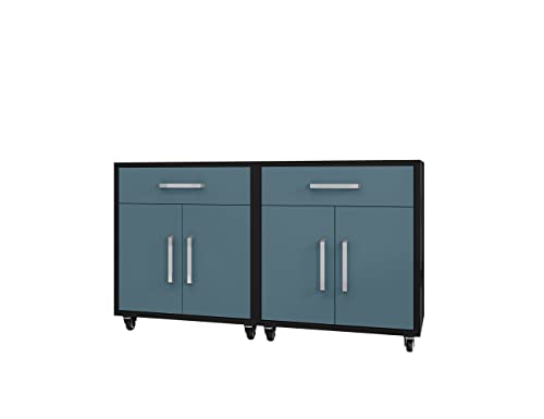 Manhattan Comfort Eiffel 28.35" Mobile Garage Storage Cabinet with 1 Drawer & 2 Shelving Spaces, Set of 2, Blue